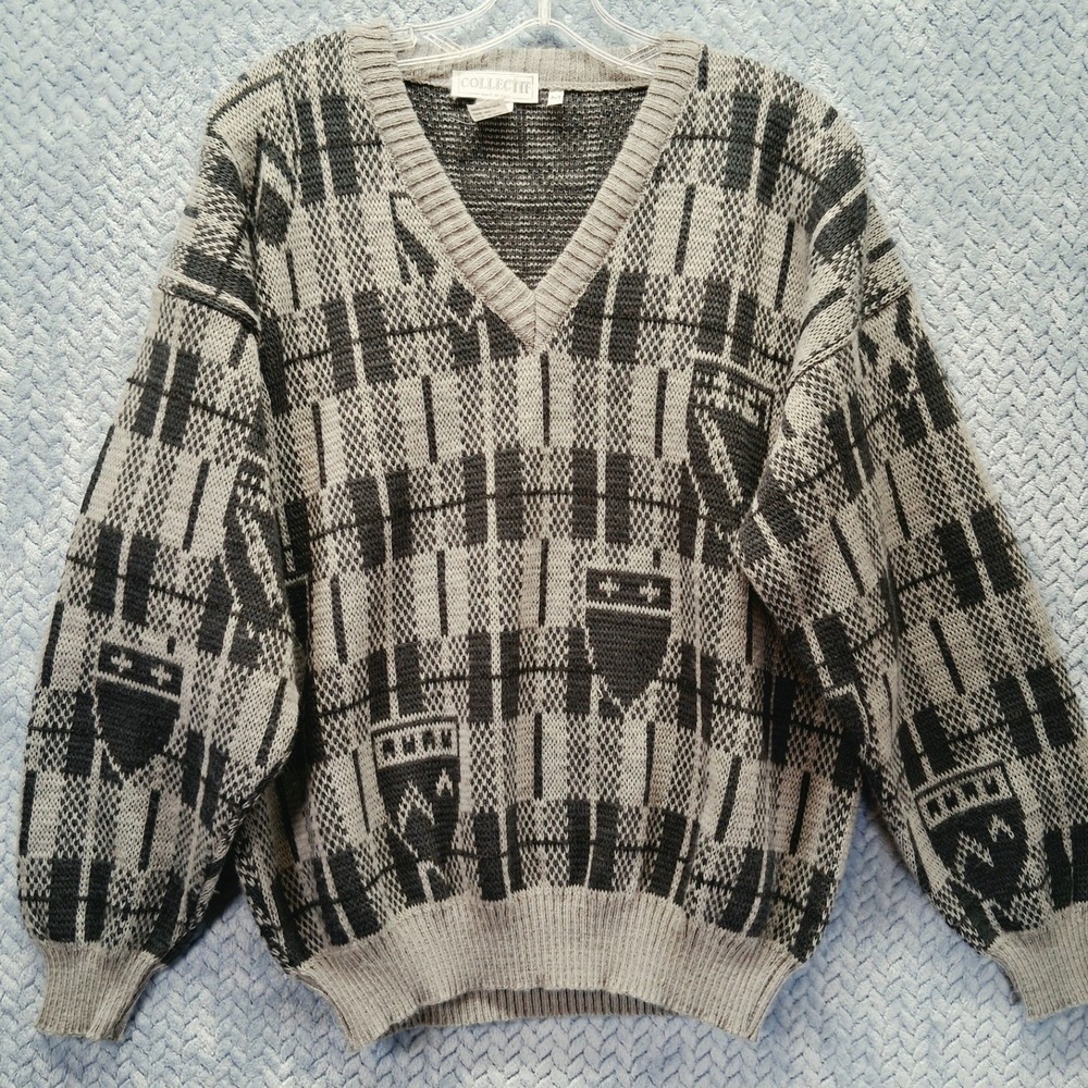 Vintage Collectif Made in Italy Grey Black Geometric Crest Wool Blend Sweater M